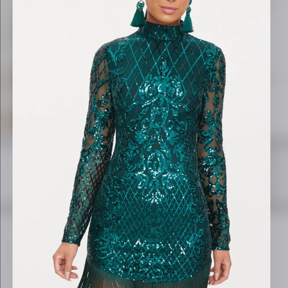 Long Sleeve Sequin & Fringe Dress